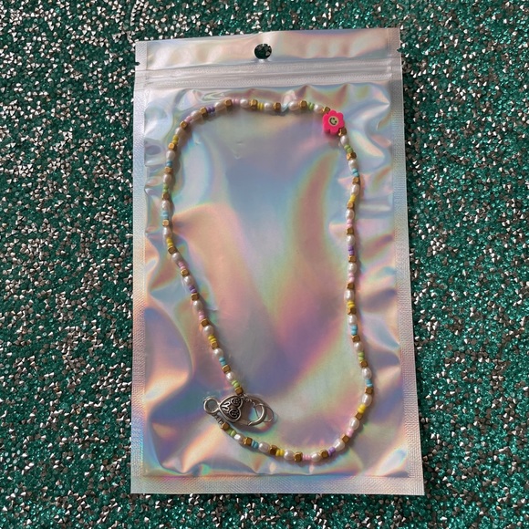 Multicolored smiley face flower charm necklace w/ mini natural freshwater pearls - Picture 2 of 2